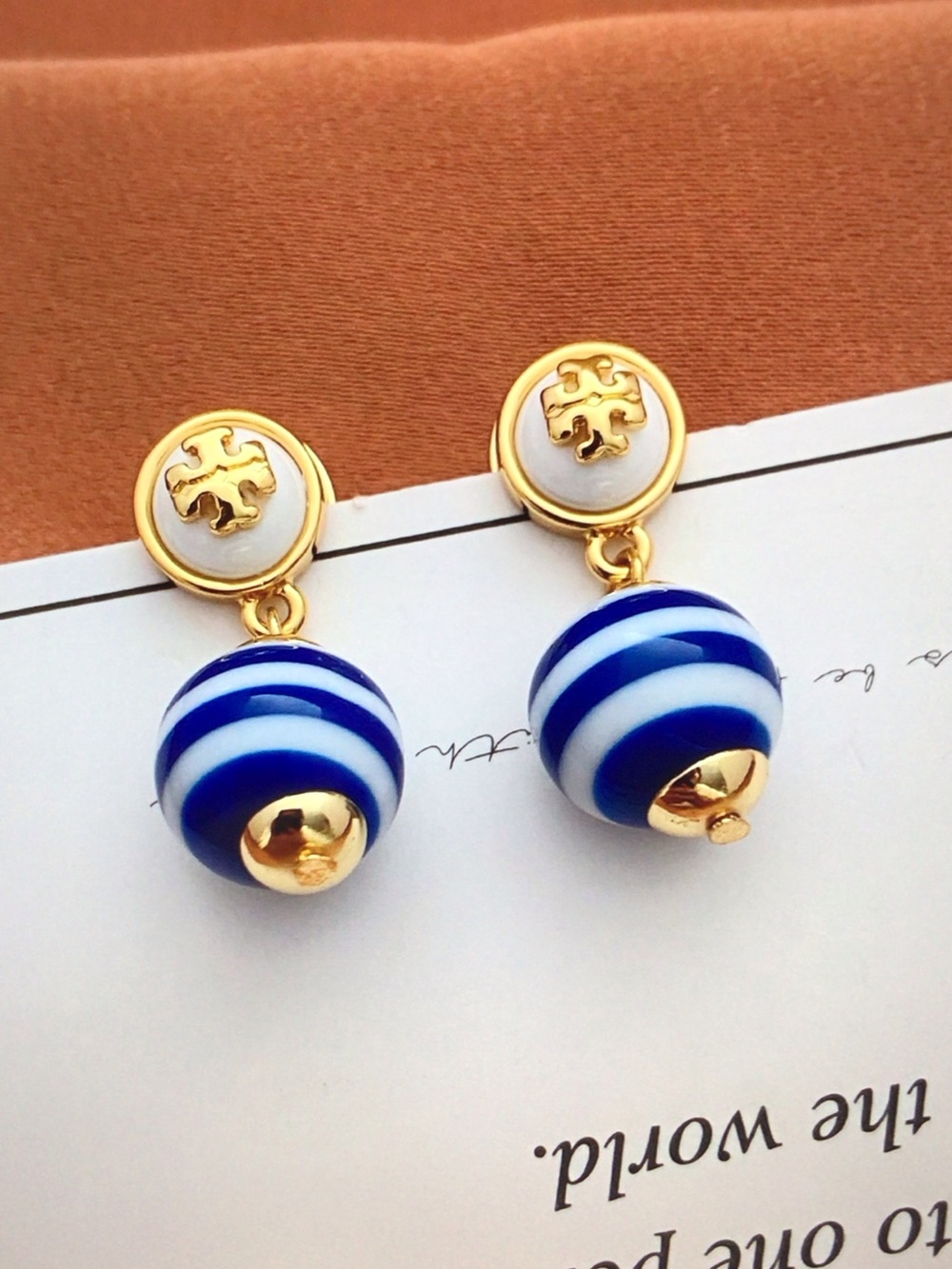 Tory Burch Blue & White Striped Drop Earrings with Gold Accents - Picture 5 of 5